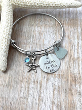 Load image into Gallery viewer, it matters to this one, stainless steel adjustable bangle bracelet, starfish charm genuine sea glass and Swarovski birthstone adoption teach
