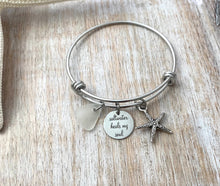 Load image into Gallery viewer, saltwater heals my soul, stainless steel beach quote bangle bracelet, silver or gold pewter starfish charm genuine sea glass gift for friend
