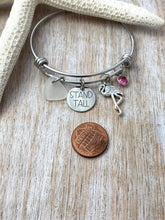 Load image into Gallery viewer, Stand tall flamingo bracelet stainless steel adjustable bangle bracelet, Flamingo charm, genuine sea glass personalized birthstone charm
