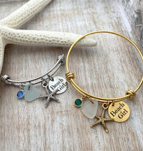 Load image into Gallery viewer, beach girl bracelet stainless steel adjustable beach bangle - starfish charm genuine sea glass and Swarovski birthstone gold or silver

