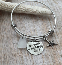 Load image into Gallery viewer, the beach is my happy place, stainless steel adjustable bangle bracelet, silver pewter starfish charm, genuine sea glass  in choice of color
