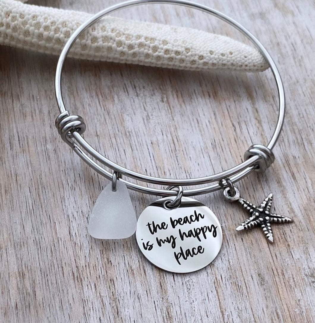 the beach is my happy place, stainless steel adjustable bangle bracelet, silver pewter starfish charm, genuine sea glass  in choice of color