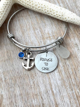 Load image into Gallery viewer, I refuse to sink, stainless steel adjustable engraved beach bangle bracelet, anchor charm, genuine sea glass and Swarovski birthstone
