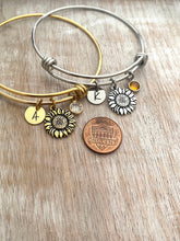 Load image into Gallery viewer, Sunflower charm bracelet - silver or gold stainless steel adjustable wire bangle - Swarovski crystal birthstone personalized initial disc
