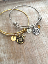 Load image into Gallery viewer, Sunflower charm bracelet - silver or gold stainless steel adjustable wire bangle - Swarovski crystal birthstone personalized initial disc

