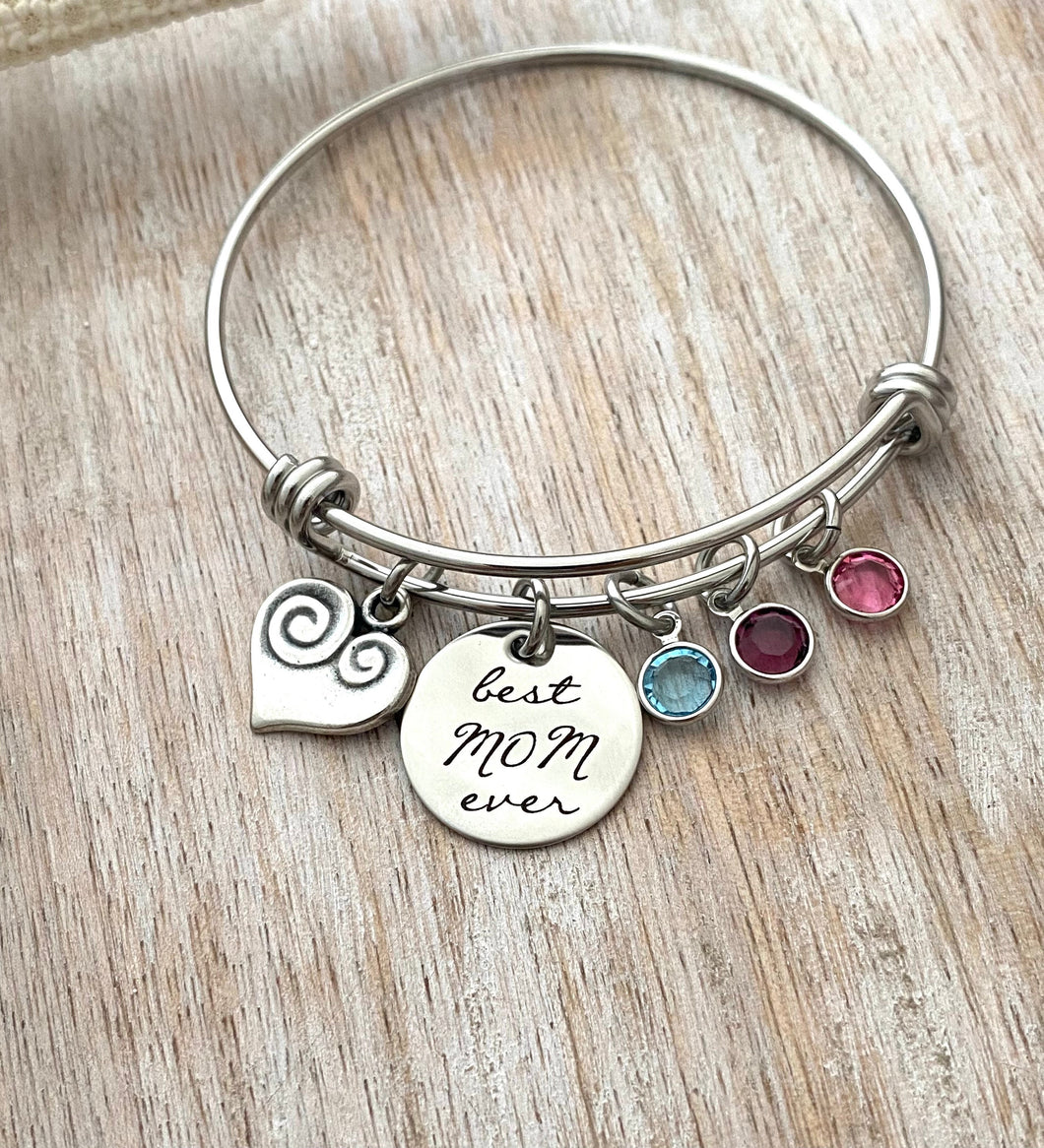best mom ever, stainless steel wire bangle, Engraved bracelet, Swarovski crystal birthstones mom heart charm nana, gift for Mom