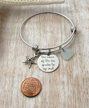 Load image into Gallery viewer, the voice of the sea speaks to my soul - stainless steel adjustable bangle bracelet - starfish charm genuine sea glass - Beach Quote Jewelry
