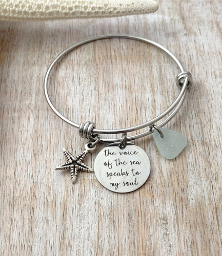 the voice of the sea speaks to my soul - stainless steel adjustable bangle bracelet - starfish charm genuine sea glass - Beach Quote Jewelry