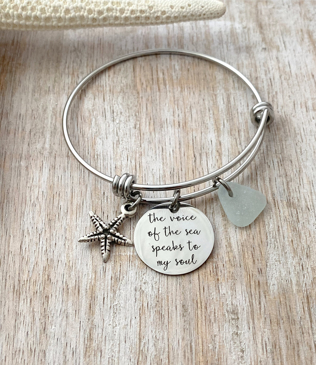 the voice of the sea speaks to my soul - stainless steel adjustable bangle bracelet - starfish charm genuine sea glass - Beach Quote Jewelry