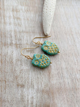 Load image into Gallery viewer, Aqua and Gold Czech Glass Owl earrings, Woodland Earrings, Turquoise Blue green and golden patina, Feathered, gift for her gold earrings
