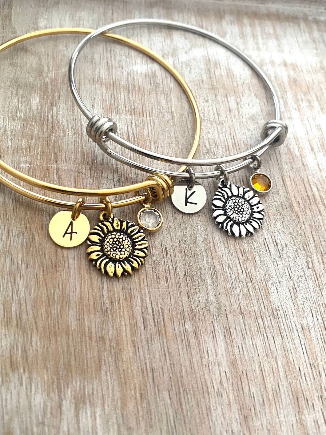 Sunflower charm bracelet - silver or gold stainless steel adjustable wire bangle - Swarovski crystal birthstone personalized initial disc