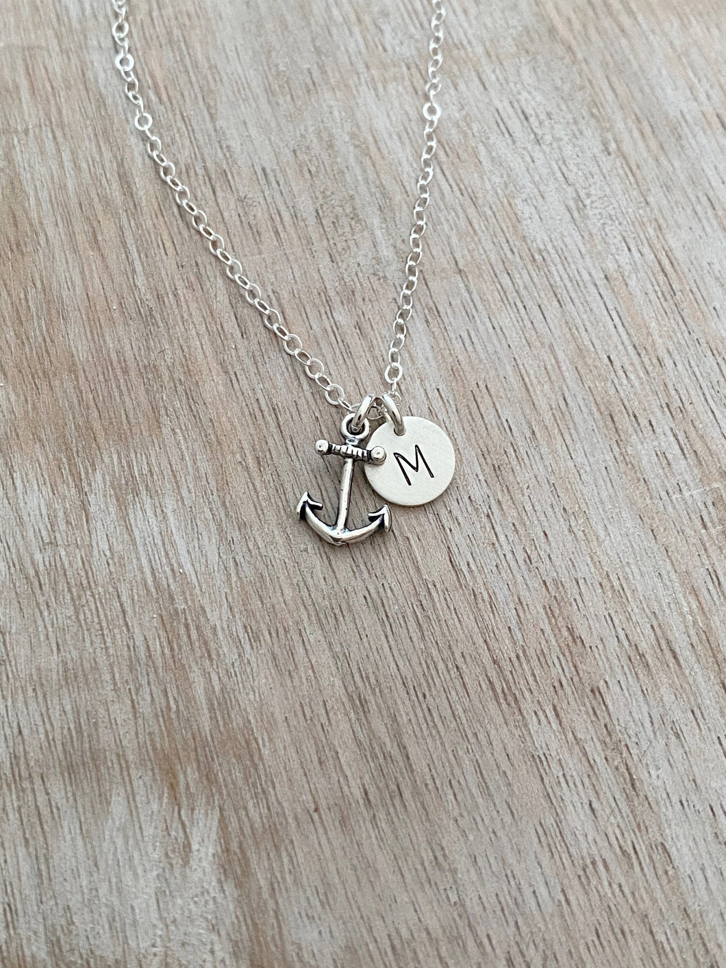 Sterling silver Anchor Necklace, Mini Initial Jewelry - Sterling Silver Personalized Initial Necklace, Simple Monogram Single Charm Rustic