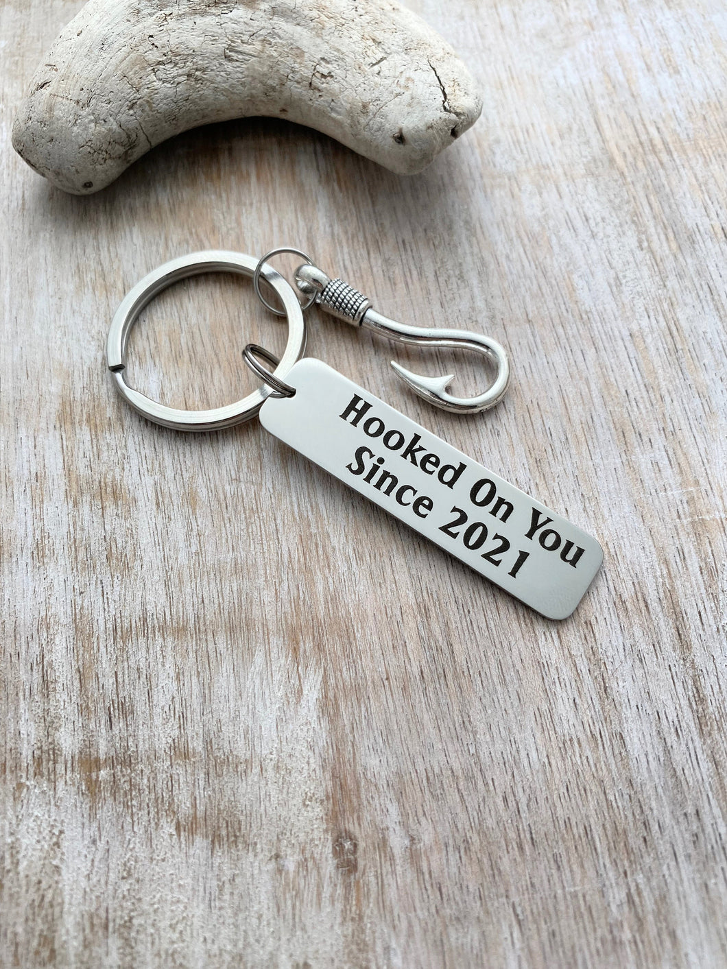 Hooked on you Since with year keychain - Stainless steel  Bar Key Chain - fishing hook charm - Valentine's Day gift for boyfriend or husband