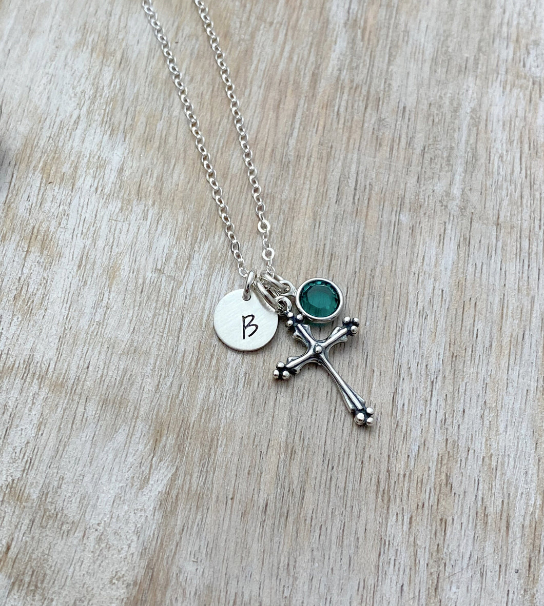 Personalized Charm Necklace with Sterling Silver Cross, Swarovski Crystal Birthstone and Initial Charm Made to Order - confirmation gift