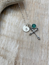 Load image into Gallery viewer, Personalized Charm Necklace with Sterling Silver Cross, Swarovski Crystal Birthstone and Initial Charm Made to Order - confirmation gift
