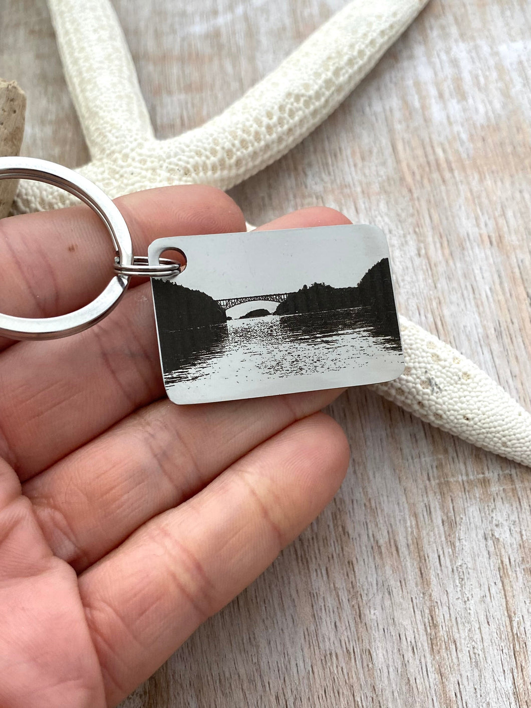 Deception Pass bridge Whidbey Island Keychain - Stainless steel engraved Whidbey Key Chain - Washington State - small rectangle