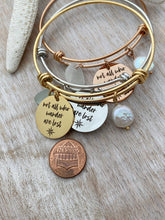 Load image into Gallery viewer, not all who wander are lost bracelet - engraved stainless steel adjustable beach bangle - genuine sea glass charm -  freshwater coin pearl

