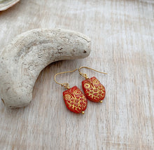 Load image into Gallery viewer, Burnt Orange Red Gold Czech Glass Owl earrings, Woodland Earrings, Reddish Orange golden patina, Fall autumn gift for her gold earrings
