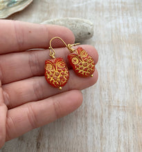 Load image into Gallery viewer, Burnt Orange Red Gold Czech Glass Owl earrings, Woodland Earrings, Reddish Orange golden patina, Fall autumn gift for her gold earrings
