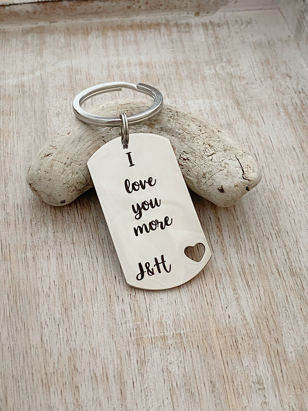 I love you more - stainless steel dog tag keychain with heart - personalized engraved with two initials - Valentine's Day gift for him