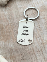 Load image into Gallery viewer, I love you more - stainless steel dog tag keychain with heart - personalized engraved with two initials - Valentine&#39;s Day gift for him
