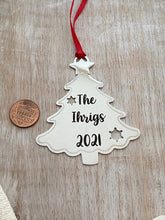 Load image into Gallery viewer, Personalized Christmas Tree Ornament - Silver stainless steel tree shape - Personalized Year Date and Family Last Name - custom engraved

