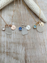 Load image into Gallery viewer, Sea Glass Initial Jewelry, Sterling Silver Personalized Initial Necklace, Monogram Charm Rustic Swarovski Crystal Birthstone choice of color
