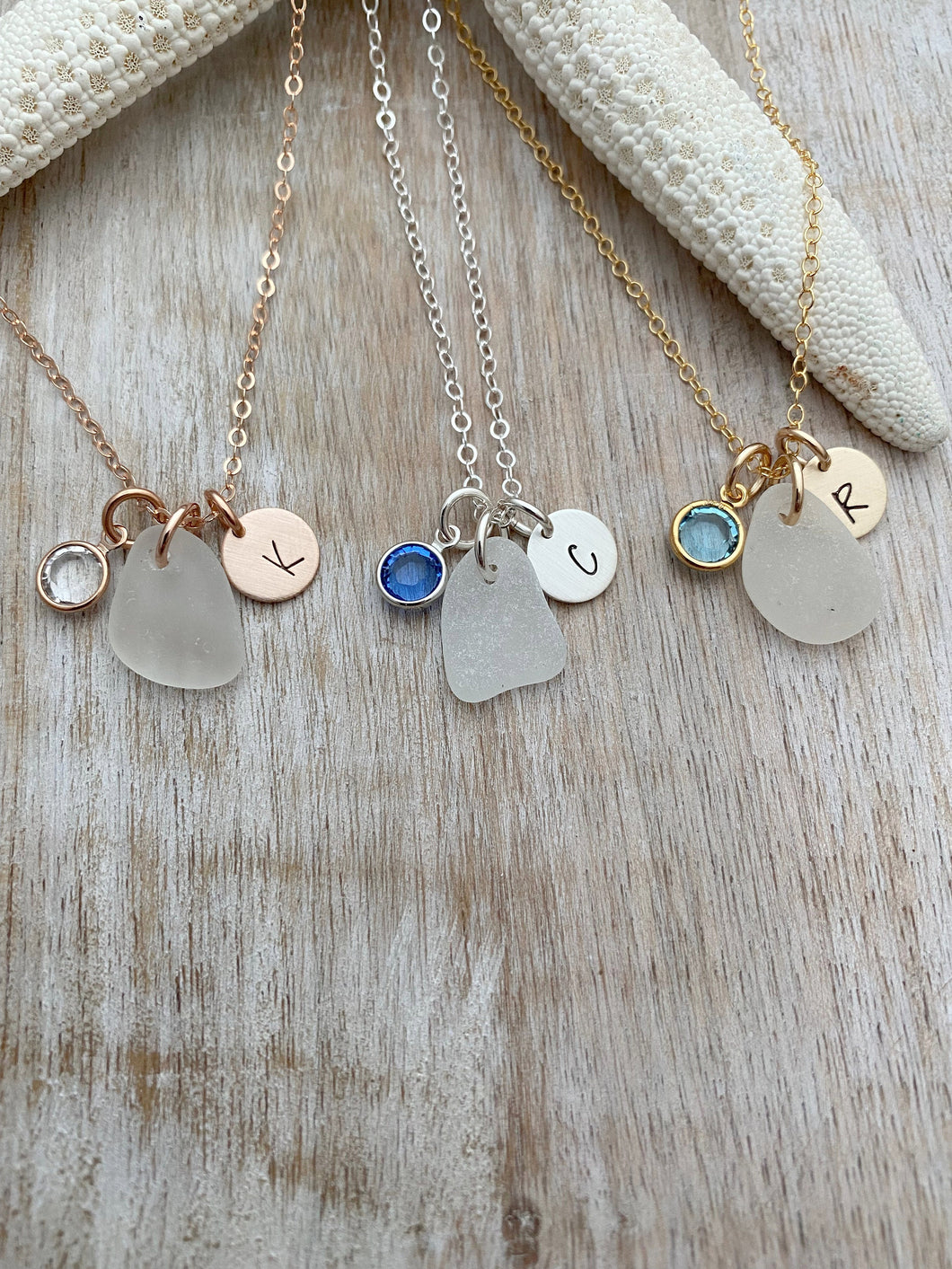 Sea Glass Initial Jewelry, Sterling Silver Personalized Initial Necklace, Monogram Charm Rustic Swarovski Crystal Birthstone choice of color