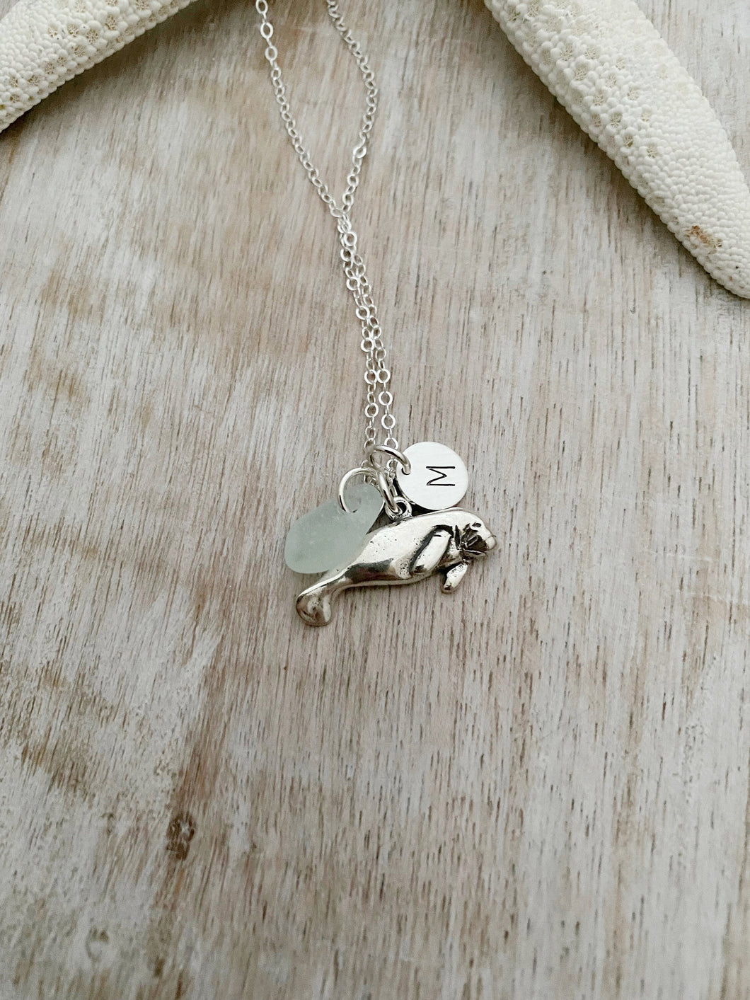Sterling Silver Manatee Charm necklace with genuine Sea Glass and Personalized custom initial charm, made to order, Gift for beach lover