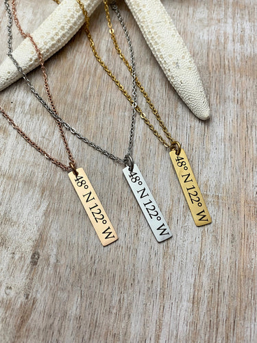 GPS Coordinates necklace - Stainless steel engraved Rectangle Charm -  Personalized Latitude and Longitude jewelry - Rose gold, gold silver