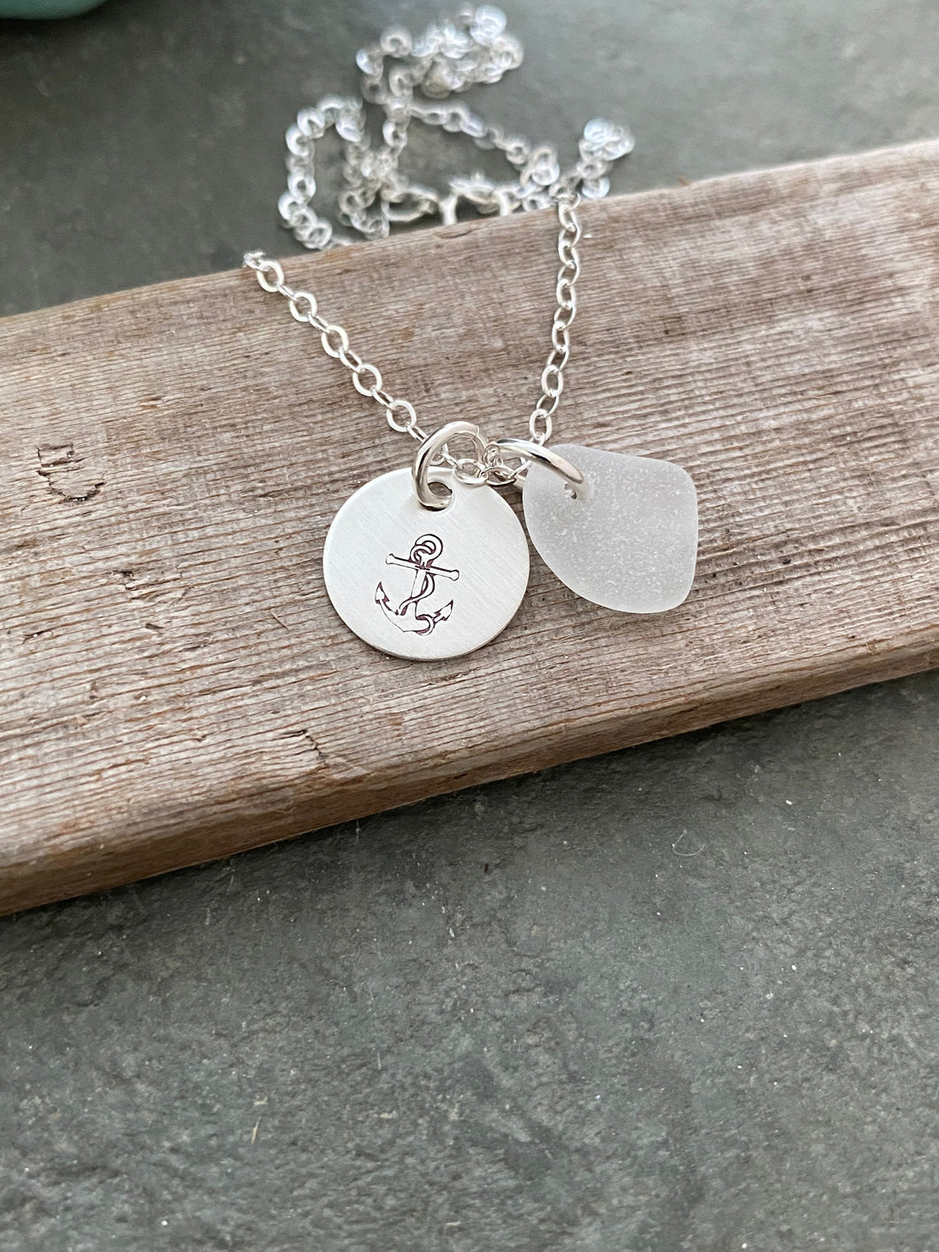Sterling Silver Anchor Necklace with Sea Glass, Hope, Hand Stamped Sterling Disc, Anchor with Rope, Satin Finish, Simple Beach Necklace