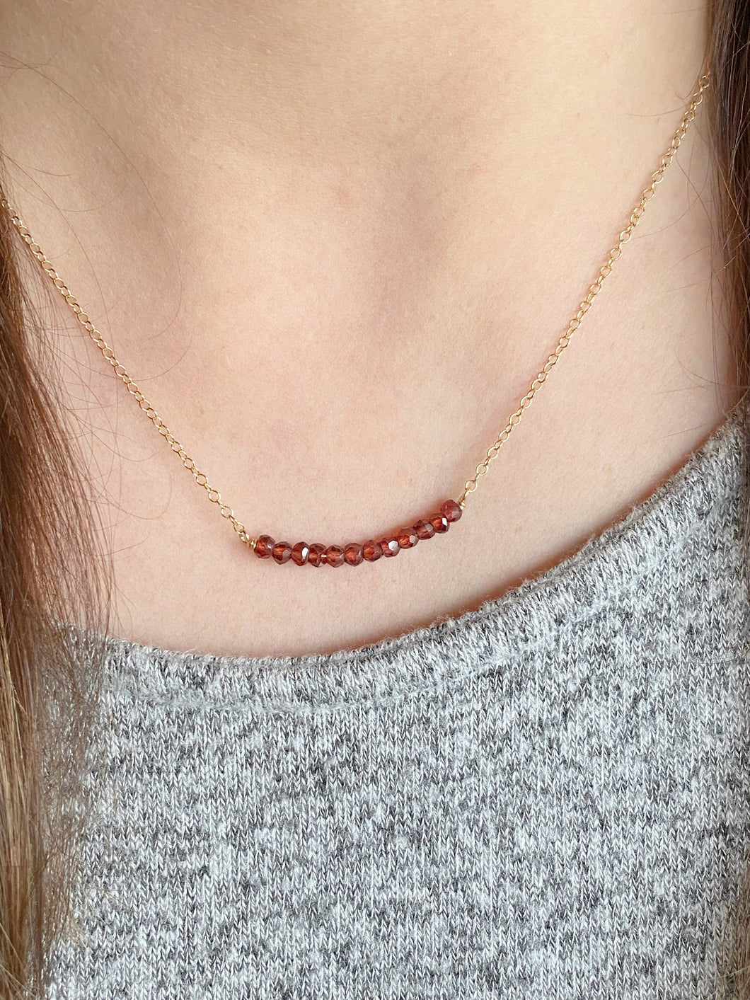 Garnet gemstone bar necklace - January Birthstone jewelry - 14k gold filled beaded bar necklace - Gift for her - Birthday gift for friend