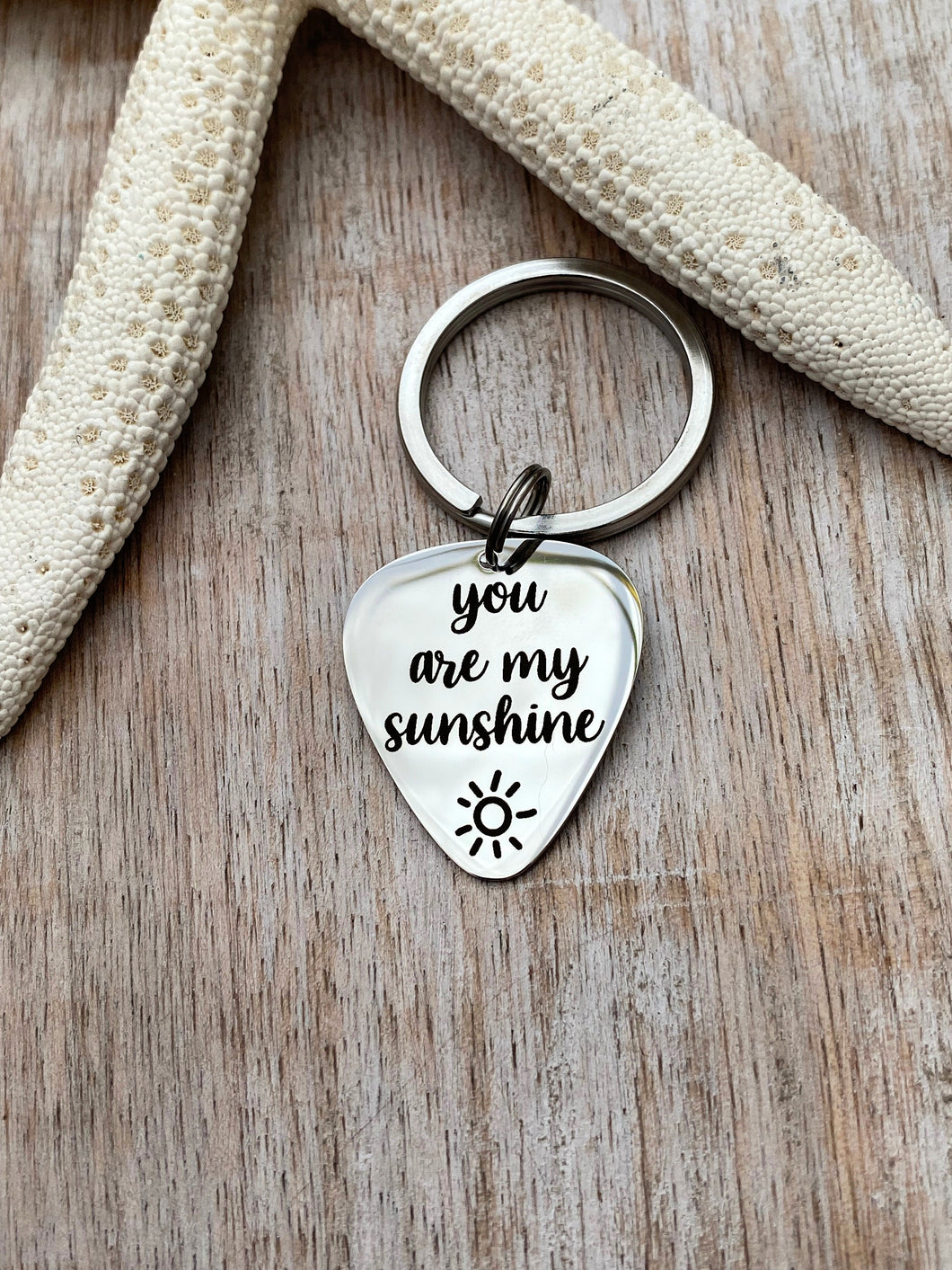 Stainless steel Guitar Pick keychain, You are my sunshine with sun design, Engraved Guitar Pick,  Inspirational, Gift for him, key chain
