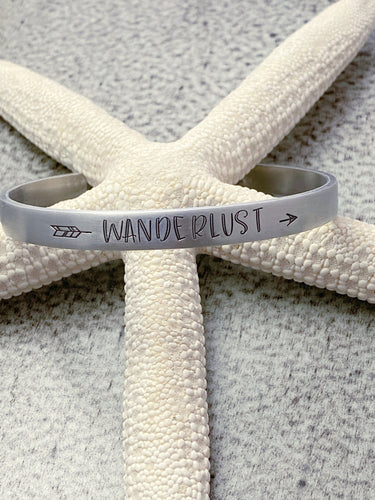 wanderlust -  Hand stamped aluminum bracelet, 1/4 Inch Bangle Silver tone Cuff Bracelet, Lightweight, Traveler - wanderer - arrow design