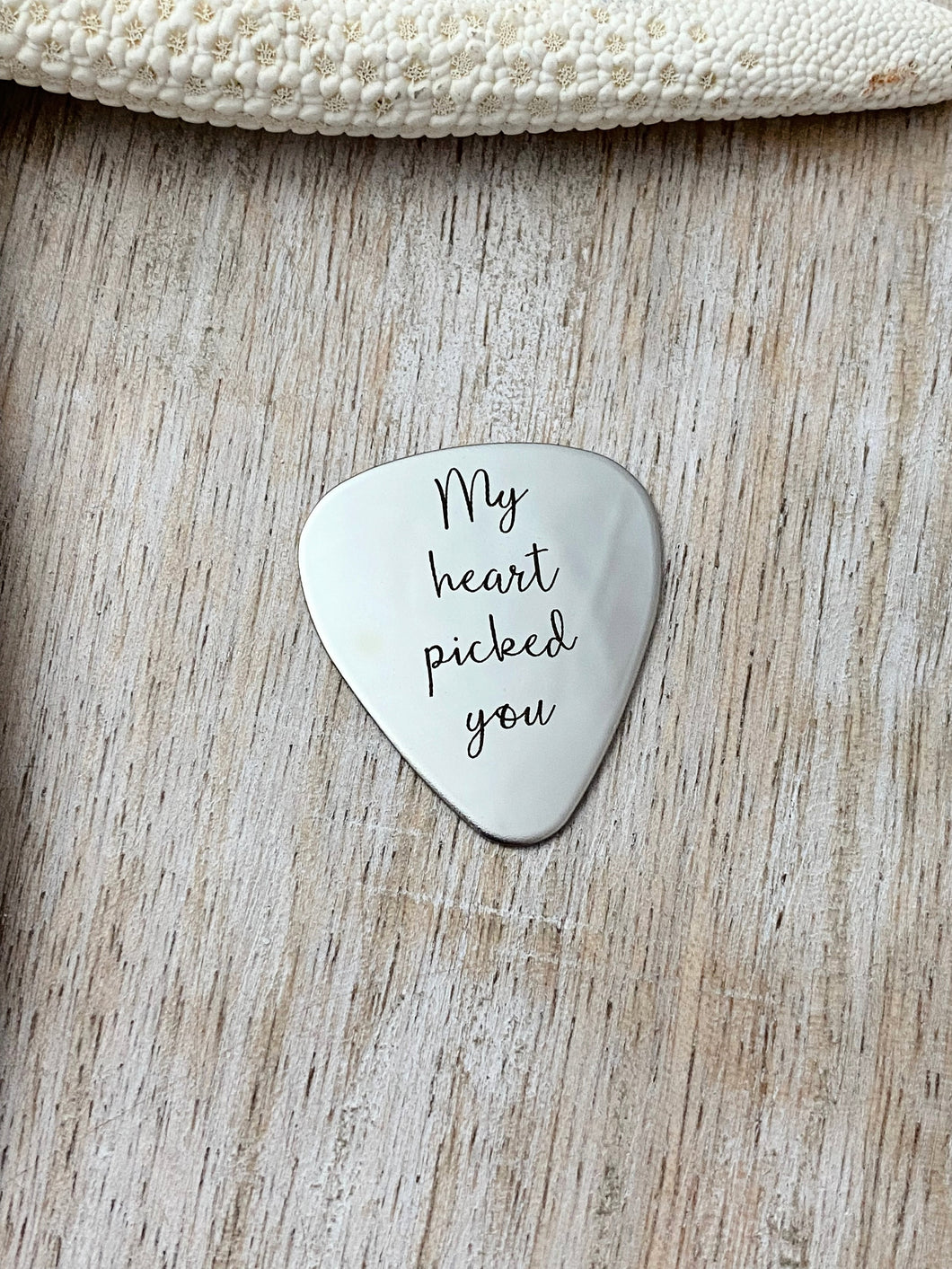 My heart picked you engraved guitar pick - Stainless steel - gift for him - Silver tone pick gift for husband Valentine's Day gift