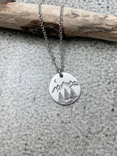 Load image into Gallery viewer, Mountain Range necklace with Pine trees and crescent moon - PNW necklace - Washington Necklace - Outdoors jewelry - gift for friend
