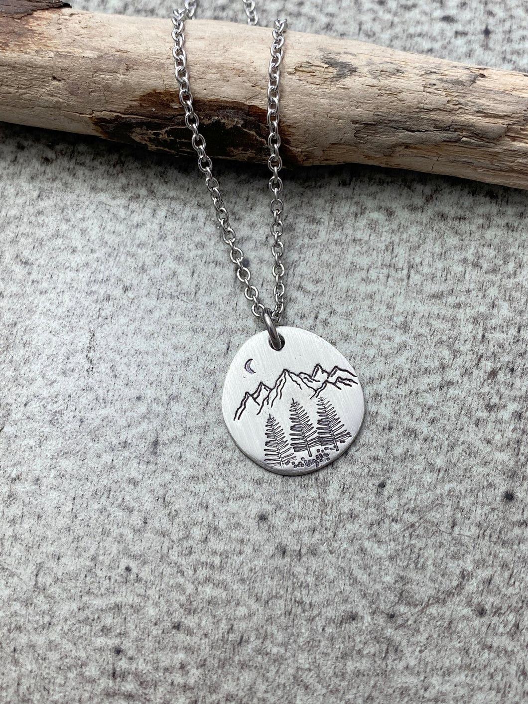 Mountain Range necklace with Pine trees and crescent moon - PNW necklace - Washington Necklace - Outdoors jewelry - gift for friend