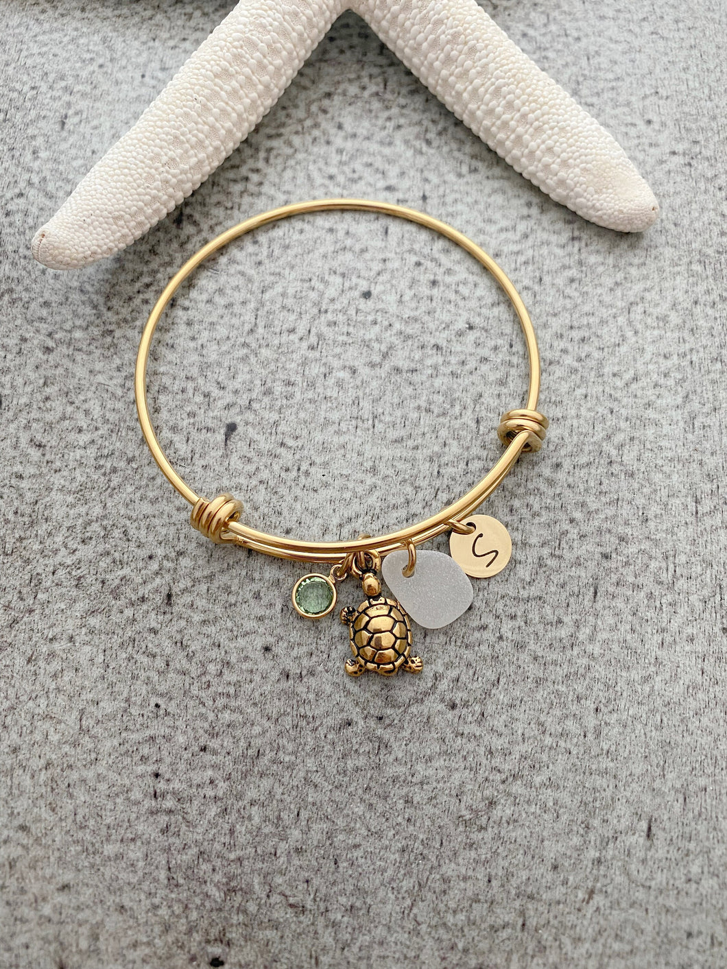 Gold turtle charm bracelet, adjustable bangle bracelet with genuine sea glass personalized initial and crystal birthstone - gift for friend
