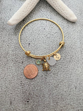 Load image into Gallery viewer, Gold turtle charm bracelet, adjustable bangle bracelet with genuine sea glass personalized initial and crystal birthstone - gift for friend

