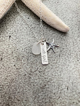 Load image into Gallery viewer, Genuine Sea Glass Beach Girl Necklace - Personalized Choice of Color - Sterling Silver Starfish - SeaGlass Hand Stamped rectangle bar Beach
