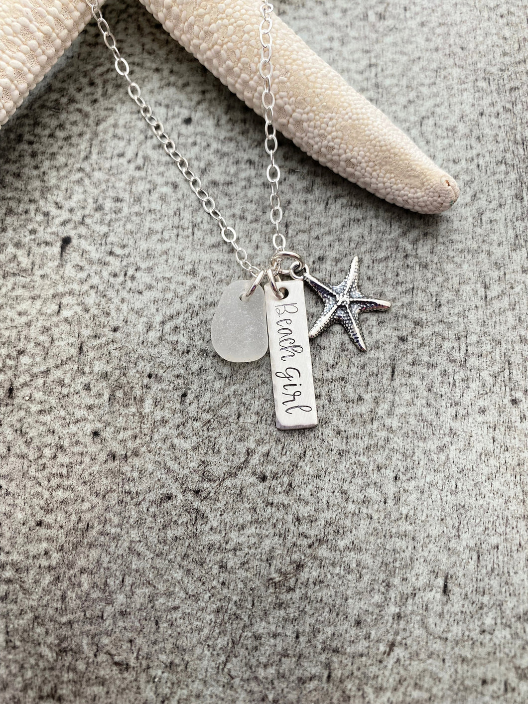 Genuine Sea Glass Beach Girl Necklace - Personalized Choice of Color - Sterling Silver Starfish - SeaGlass Hand Stamped rectangle bar Beach