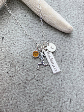 Load image into Gallery viewer, live love run necklace Sterling silver with birthstone and personalized initial disc - gift for runner - birthday gift for her
