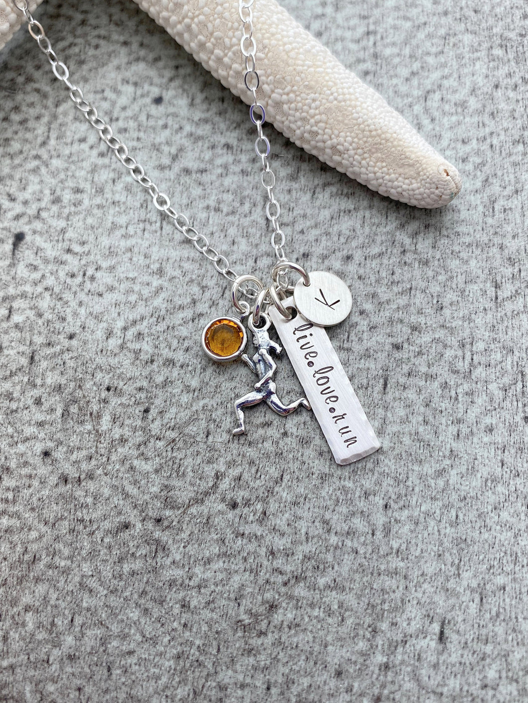 live love run necklace Sterling silver with birthstone and personalized initial disc - gift for runner - birthday gift for her