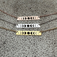 Load image into Gallery viewer, Phases of the moon necklace - Stainless steel silver, rose gold,  or gold - gift for her - custom word - horizontal bar necklace
