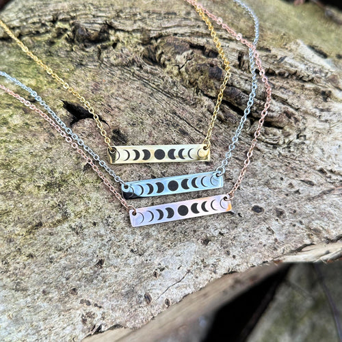 Phases of the moon necklace - Stainless steel silver, rose gold,  or gold - gift for her - custom word - horizontal bar necklace
