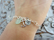 Load image into Gallery viewer, Sterling Silver Anchor and Genuine Sea Glass Bracelet Personalized with Hand Stamped Mini Initial Charm, Customized Nautical Jewelry
