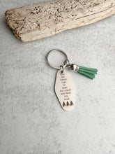 Load image into Gallery viewer, into the forest I go to lose my mind and find my soul Motel fob keychain - engraved stainless steel - home  - green tassel tree theme
