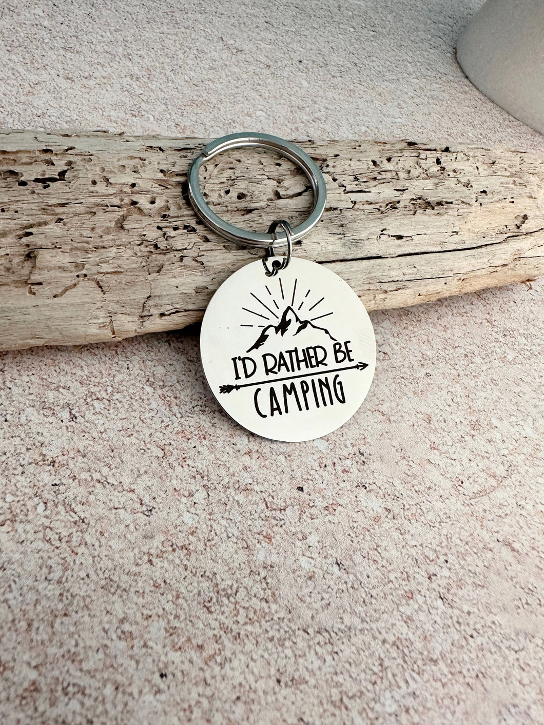 I'd rather be camping keychain - silver tone stainless steel engraved key ring - gift for friend - outdoor lovers mountain gift
