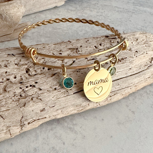 gold mama bracelet - Personalized with any name and crystal birthstones gold plated braided stainless steel bangle Mother's Day gift