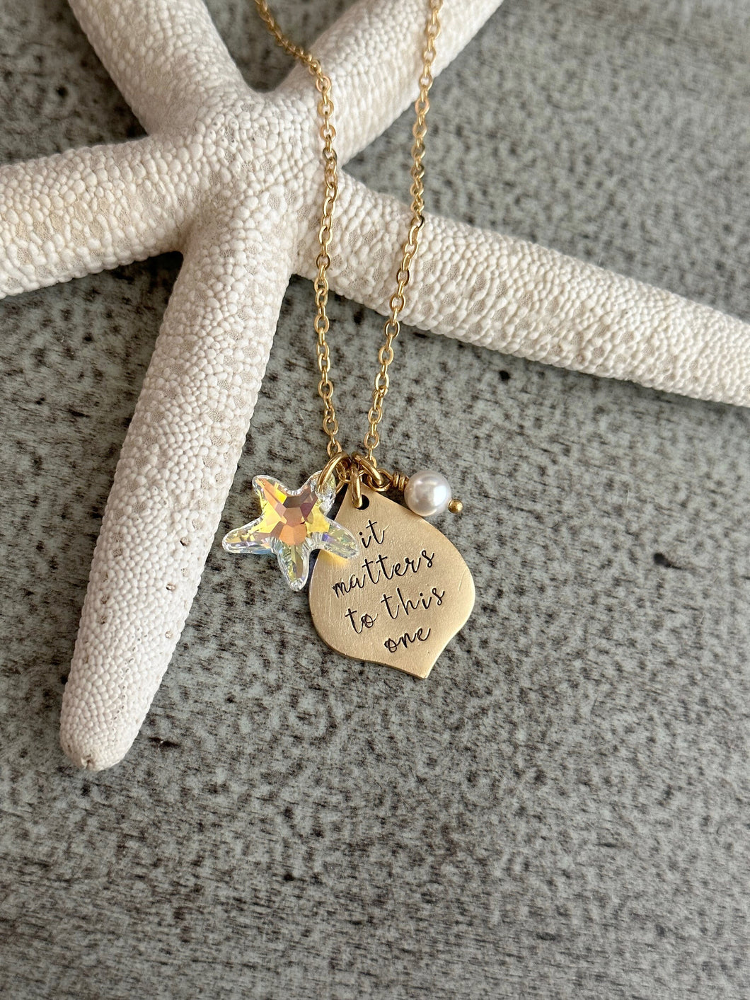 it matters to this one quote necklace - the starfish story - Teacher gift idea from student gold or silver pewter with crystal starfish